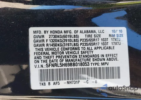 2011 Honda Odyssey Ex-L from USA, damaged, VIN 5FNRL5H69BB018053